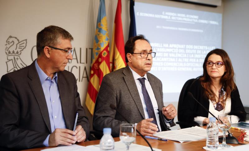 La vicepresidenta del Consell, Mónica Oltra, i els consellers d'Hisenda, Vicent Soler, i d'Economia, Rafael Climent.