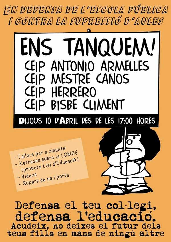 Cartell de convocatòria de tancaments en centres de Castelló en protesta contra l'eliminació de línies en valencià.