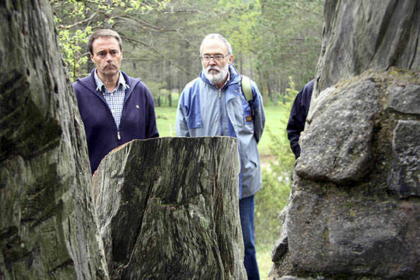 L’alcalde de Castellar del Riu, Adrià Solé, i un tècnic de la Generalitat observen la mutilació feta al Pi de les Tres Branques.