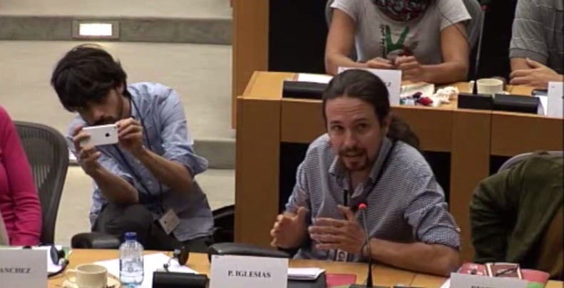 L'eurodiputat de Podemos, Pablo Iglesias, durant la seua intervenció aquest passat dimecres.