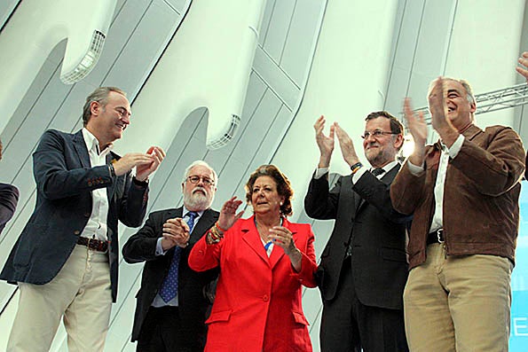 Mariano Rajoy, Miguel Arias Cañete, Rita Barberá, Alberto Fabra i Esteban González Pons, durant l'acte central del PP a València amb motiu de la campanya per les europees.