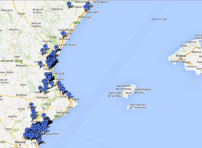Mapa de centres del País Valencià amb fibrociment.