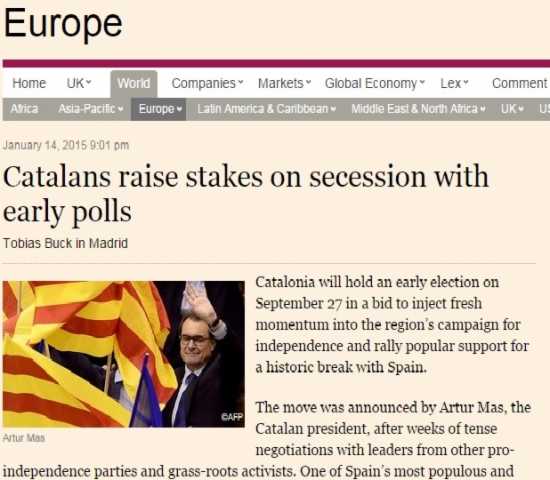 Imatge de l'article del 'Financial Times' sobre les eleccions anticipades a Catalunya.