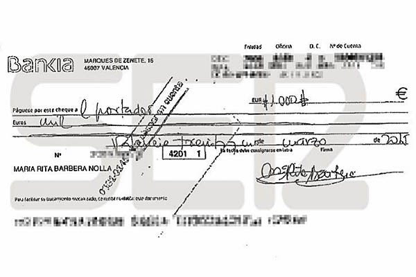Xec al portador per valor de 1.000 euros signat per Rita Barberá al març de 2015. / Cadena SER