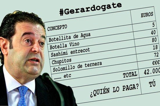 Imatge de la campanya #Gerardogate impulsada pel PSPV-PSOE. A la imatge, una foto de l'exconseller Gerardo Camps amb factures dels àpats.