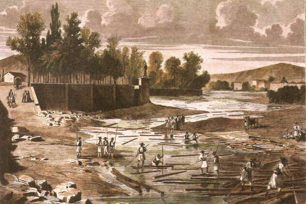 1893 Trasllat de troncs des d'Ademús fins a Mislata. Arribada de la fusta a la ciutat de València pel riu Túria.