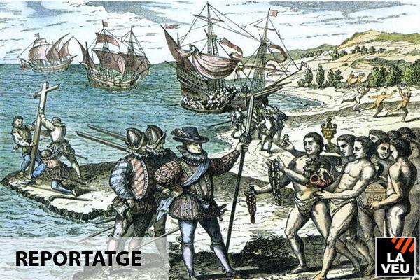 Gravat del segle XVI de l'arribada de Colom a Amèrica.