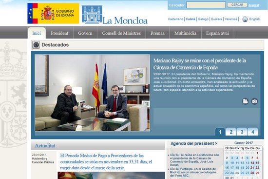 Captura del web de la Moncloa en la seva versió en català. Els elements estàtics estan traduïts però no així els dinàmics, com les notícies, que estan en castellà.