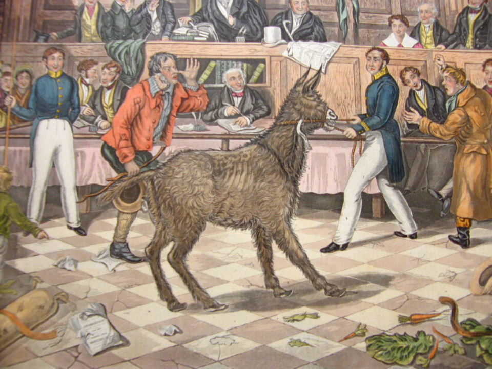 Pintura del Trial of Bill Burns, primer judici que es coneix al món que va jutjar la crueltat amb un animal.