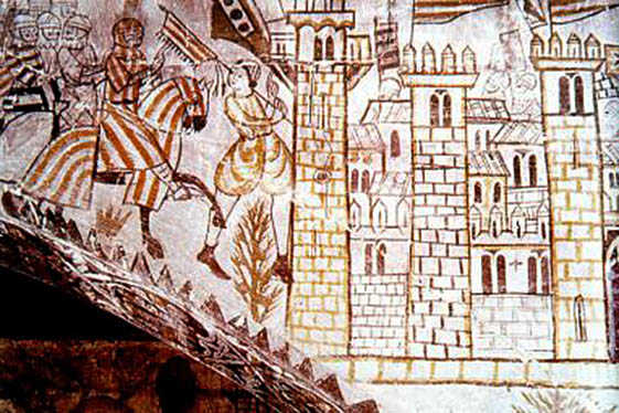 Pintura mural en el castell d'Alcanyís que representa l'entrada de Jaume I a València en 1238.
