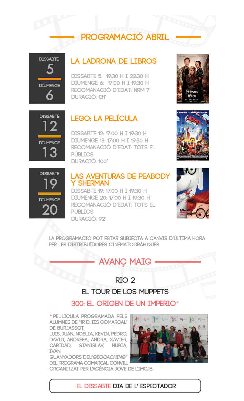 Programació de cinema mes d'abril.