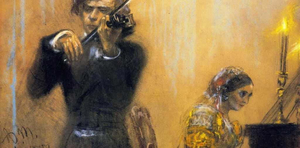 Adolph von Menzel, 'Clara Schumann i Joseph Joachim en concert' (detall), 1854.