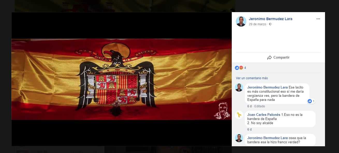 Captura de pantalla del Facebook de l'alcalde de Tormos en la qual es pot vore la bandera franquista.