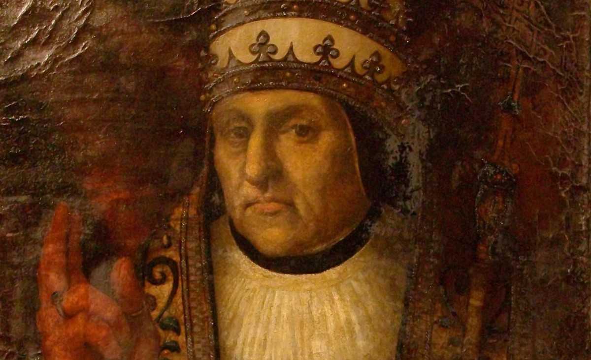 Alfons de Borja, Calixt III, pintat per Joan de Joanes. Papa, d'antuvi, de transició, assentà el poder de la seua família i dels catalans a Roma. El seu nebot fou el papa Alexandre VI.