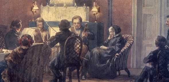 Carl Johann Arnold, 'Quartet de corda tocant a la casa de Bettine von Arnim a Berlin' (detall), 1856