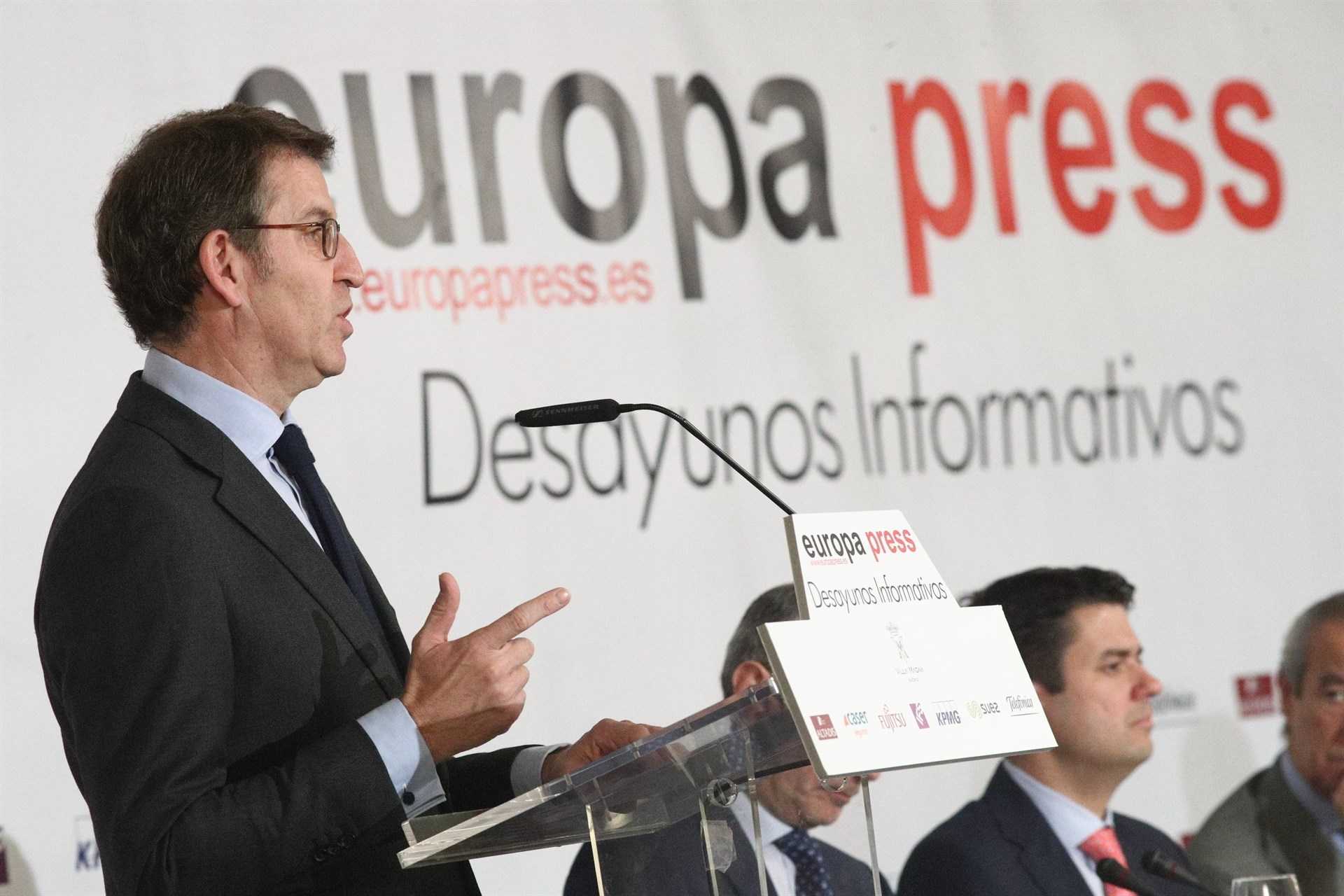 El president de la Xunta, Alberto Núñez Feijóo, en un esmorzar informatiu organitzat per Europa Press a Madrid.