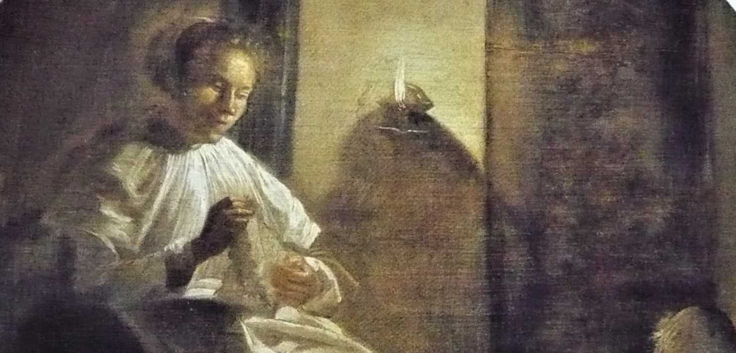 Judith Leyster, 'Dona cosint a la llum d'una candela' (detall), 1633
