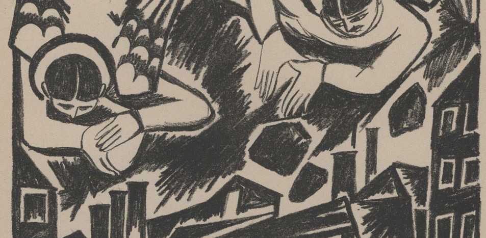 Natàlia Gontxarova, 'Imatges místiques de la guerra', 1914. Full núm. 3, 'La ciutat condemnada' (detall). Litografia