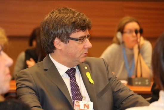 El president destituït amb el 155, Carles Puigdemont, al Palau de l'ONU a Ginebra (Suïssa)