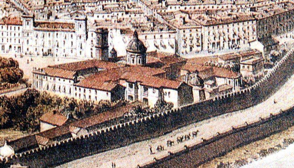 El convent de Predicadors en 1858. Aleshores ja havia perdut la seua condició de cenobi i s'havia convertit en capitania general de l'exèrcit espanyol a València.
