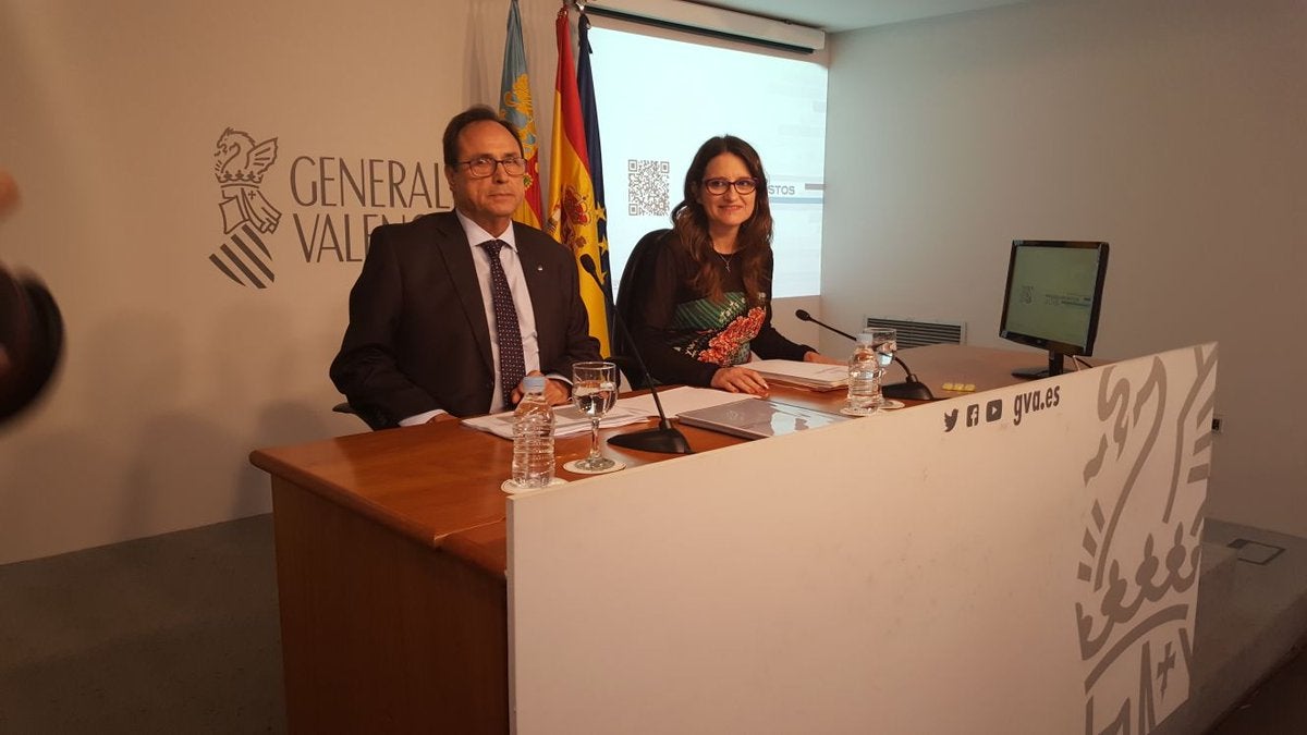 Vicent Soler presenta els pressupostos de 2018 acompanyat per la vicepresidenta del Consell, Mónica Oltra.