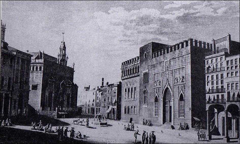 Gravat de la plaça del Mercat de principis del segle XIX. El 31 de juliol de 1826, davant de la Llotja, fou enforcat per heretge Gaietà Ripoll.