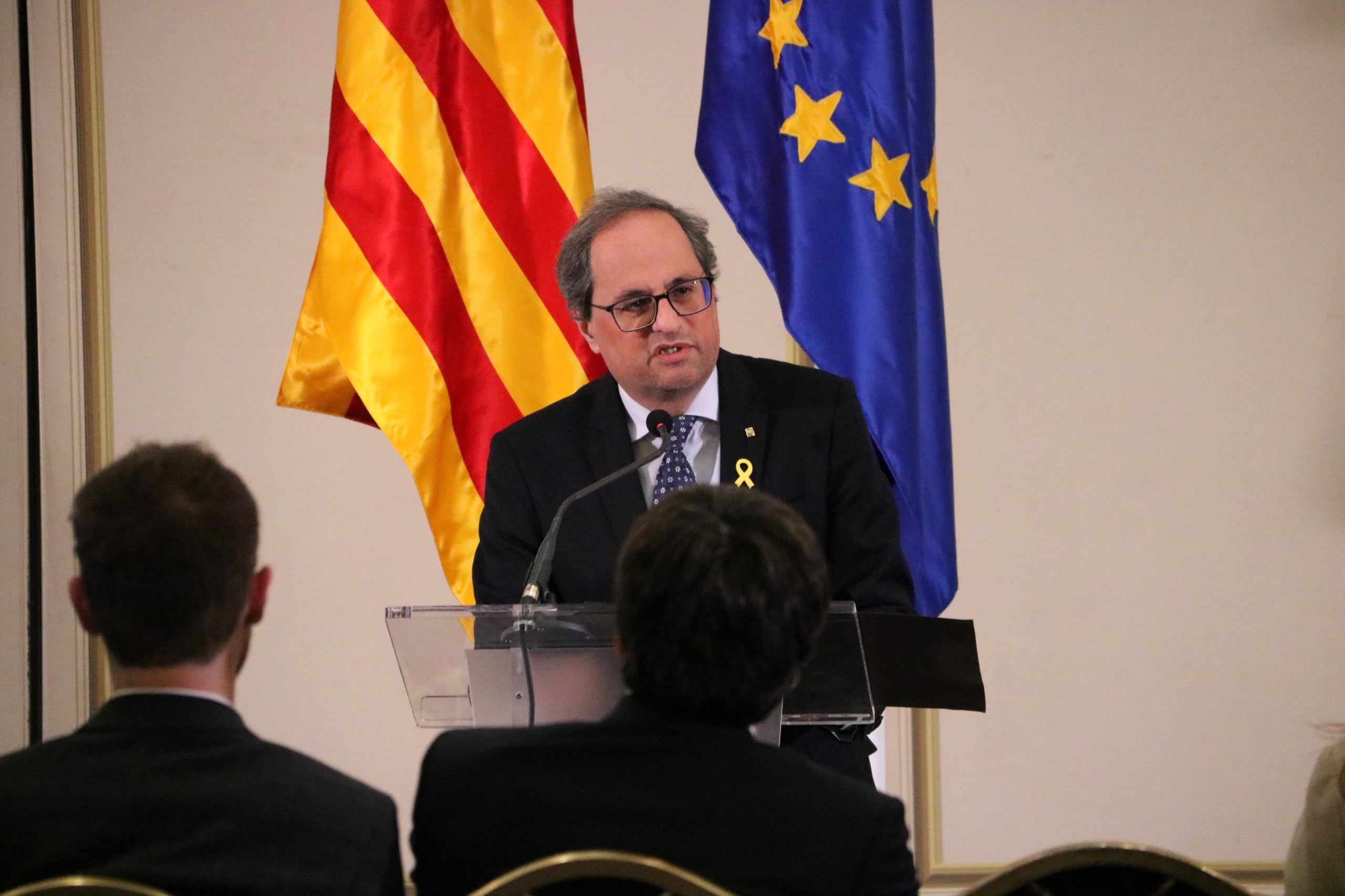 Quim Torra, durant la seua conferència sobre el judici de l'1-O a Brussel·les aquest dilluns. / BLANCA BLAY, ACN