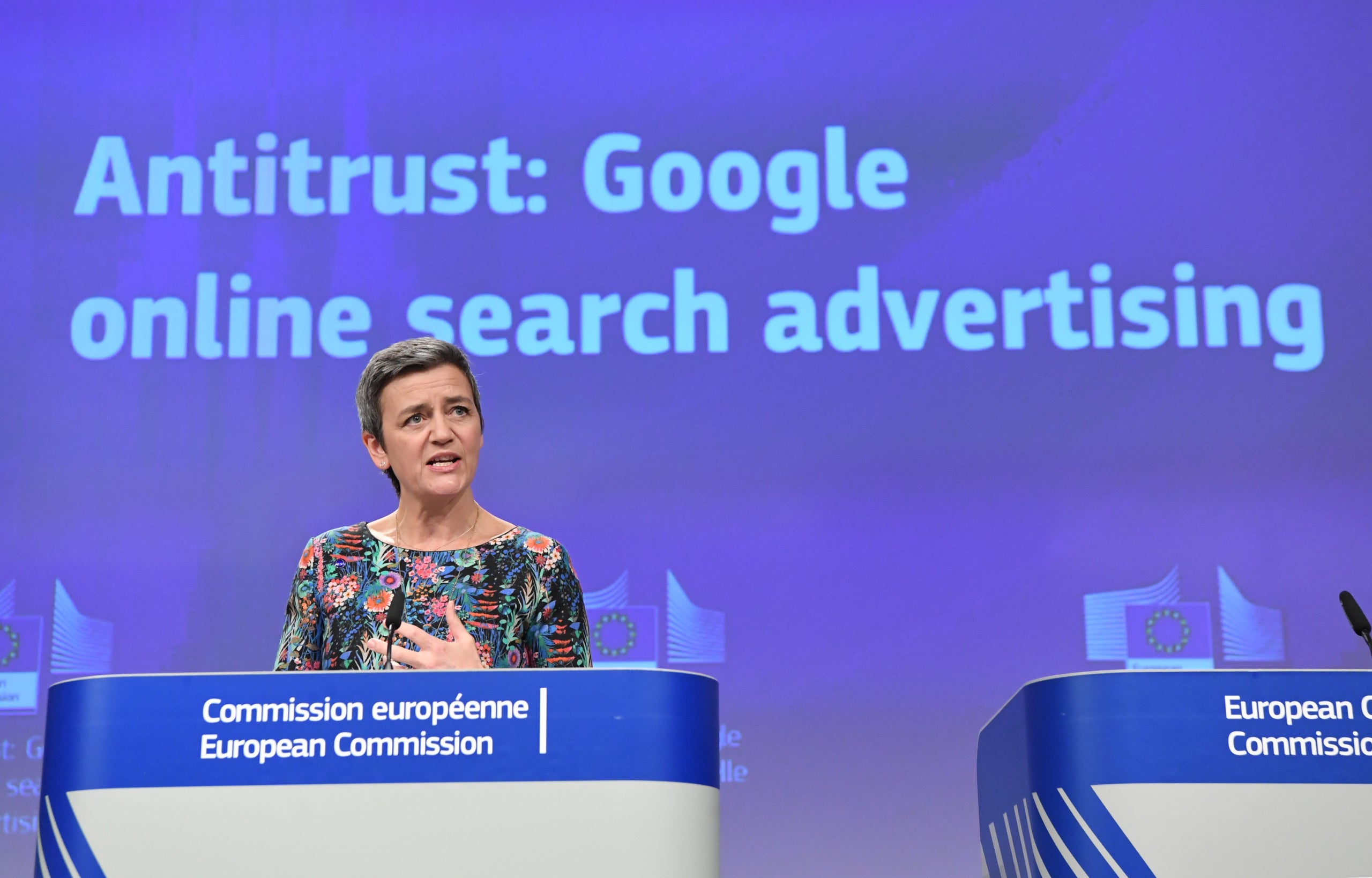L'eurocomissària de la Competència, Margrethe Vestager, durant la roda de premsa sobre la multa a Google, el 20 de març del 2019. / EBS