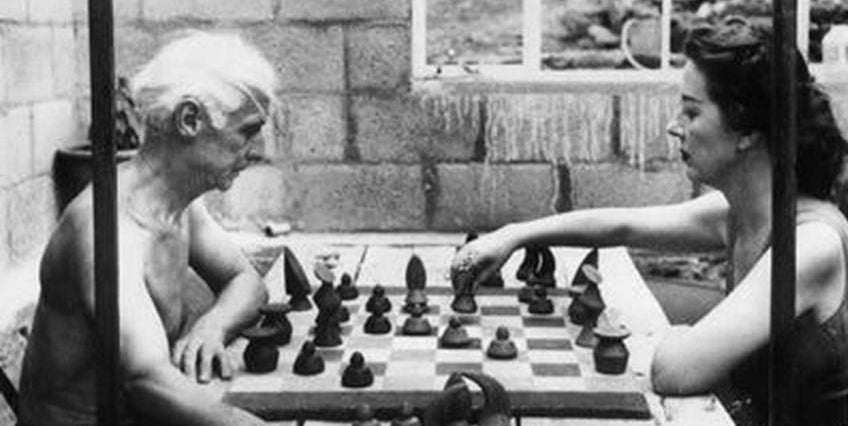 Max Ernst i Dorothea Tanning jugant als escacs (detall), per Bob Towers