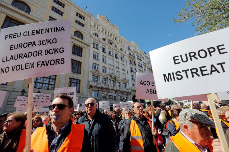 Centenars de citricultors es van manifestar aquest diumenge pels carrers del centre de València en defensa del futur del sector citrícola. / EFE