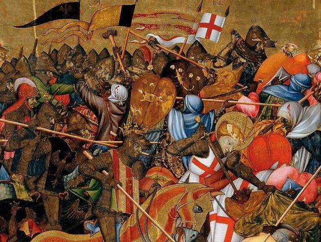 El Centenar de Sant Jordi o de la Ploma, per la ploma que portaven al casc o al capell. Vet ací una milícia singular valenciana, creada en temps del rei Pere 'el Cerimoniós'. La seua missió, custodiar la senyera quan la ciutat convocava la host. Amb el temps es convertí en una institució de la València foral. Al Centenar devem el magnífic retaule de Marçal de Sax, hui dia al Victoria & Albert Museum de Londres, amb la senyera, la de debò, voleiant. 