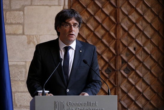 Carles Puigdemont, en una compareixença el 26 d'octubre del 2017, el dia abans que el Senat aprovara l'activació de l'article 155 i facultara Rajoy per a intervindre Catalunya. / GUILLEM ROSET, ACN