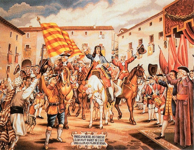 Els valencians tenim una bandera que ens identifica des de temps immemorials: quatre franges horitzontals roges sobre groc. Òbviament, sense blau, com la de la imatge, que il·lustra la proclamació de Carles d'Àustria com a rei de València a Dénia en 1705. Il·lustració de T. Argemí per al 'Portofolio de la historia de España' (1910) de Manuel Sandoval del Río. 