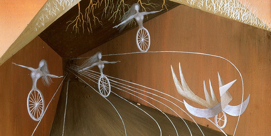 Remedios Varo, 'Rodes metafísiques' (detall), 1944. Guaix sobre cartolina