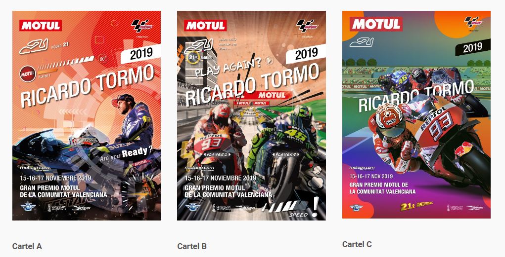 Imatge de les tres opcions de cartell per al Gran Premi Motul de la Comunitat Valenciana del 2019. 