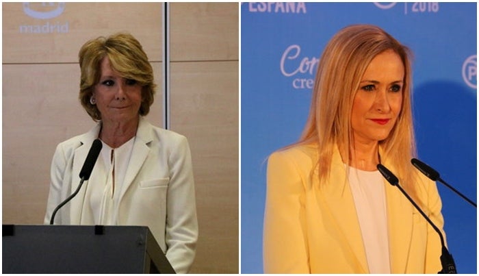 Les dues exresponsables del PP de Madrid i presidentes de la comunitat autònoma Esperanza Aguirre (esquerra) i Cristina Cifuentes (dreta) passaran pel jutjat el pròxim mes d'octubre. / ACN