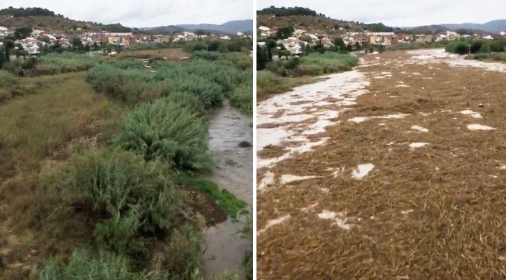 L'abans i el després de la crescuda sobtada del riu Albaida al seu pas per Manuel