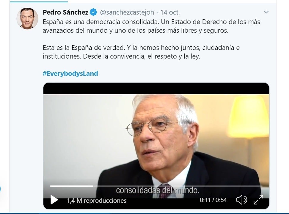 El govern espanyol va llançar el vídeo aquest dilluns, coincidint amb la publicació de la sentència del Tribunal Suprem de l'1-O. Hi apareixen els ministres Carmen Calvo, Josep Borrell, Fernando Grande-Marlaska, Isabel Celaá, Nadia Calviño, Luís Planas, Teresa Ribera, José Guirao i Pedro Duque, i s'emmarca en la campanya #EverybodysLand.  