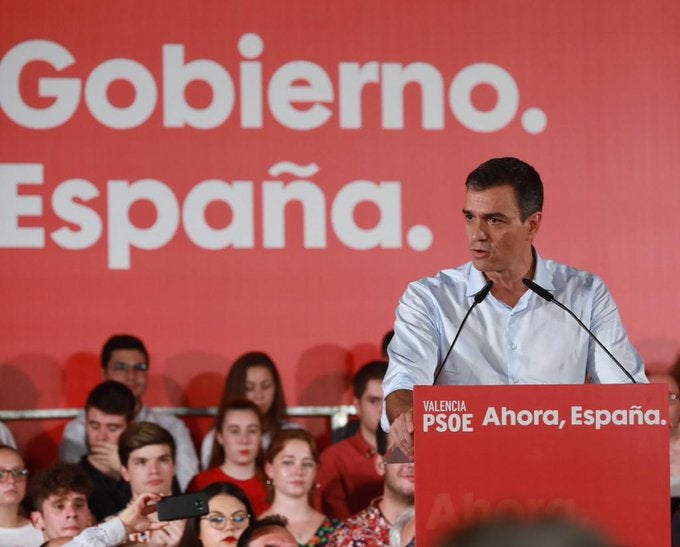 Sánchez ha participat aquest dimecres en un míting amb Puig, Gómez i Ábalos. / PSOE
