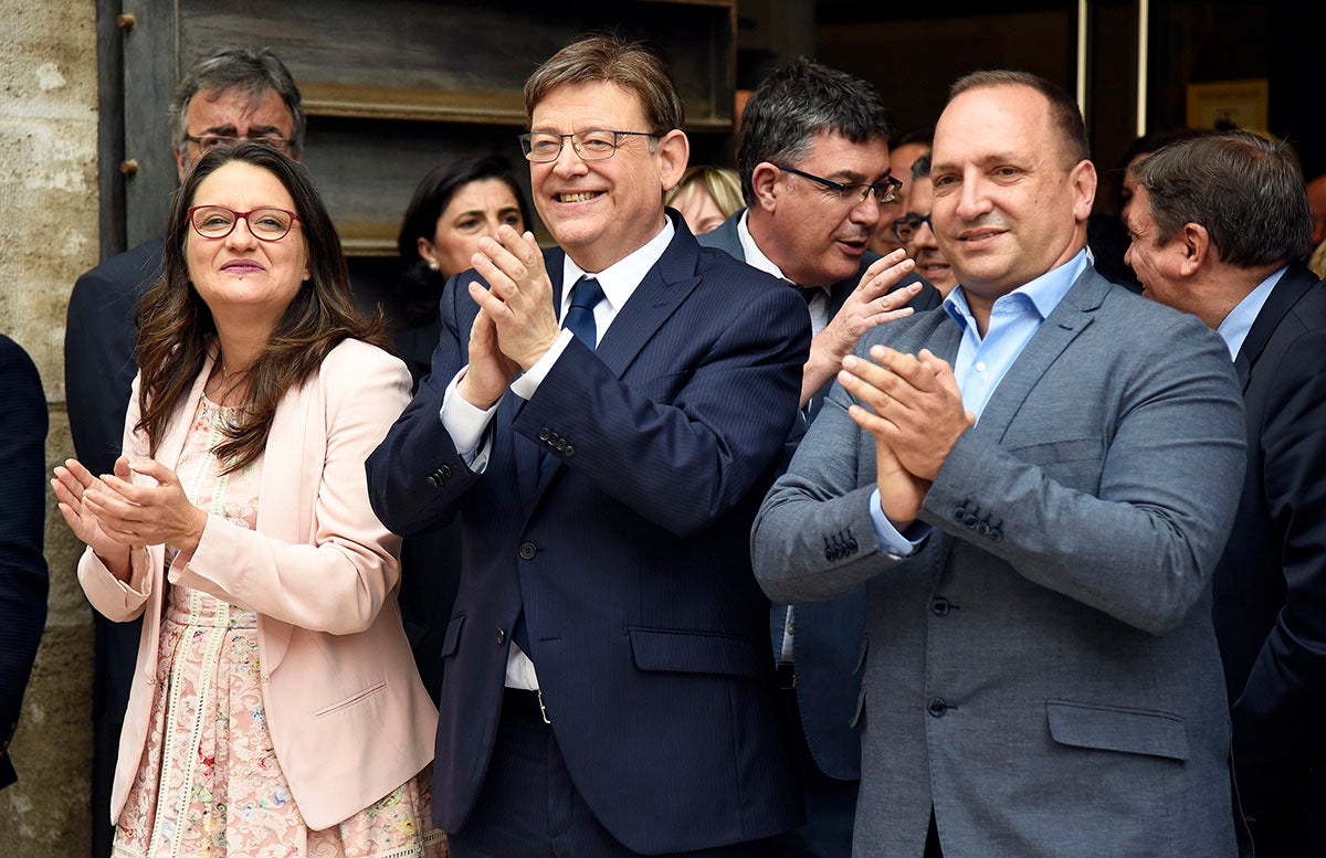 Oltra, Puig i Dalmau, en una imatge d'arxiu en la presa de possessió del president de la Generalitat. / DANIEL GARCÍA-SALA