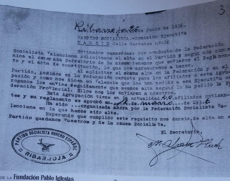 L'actual agrupació socialista de Riba-roja de Túria està preparant els actes oficials per a commemorar el 85é aniversari de la constitució legal, que es complirà l'any 2021. / PSPV RIBA-ROJA DE TÚRIA