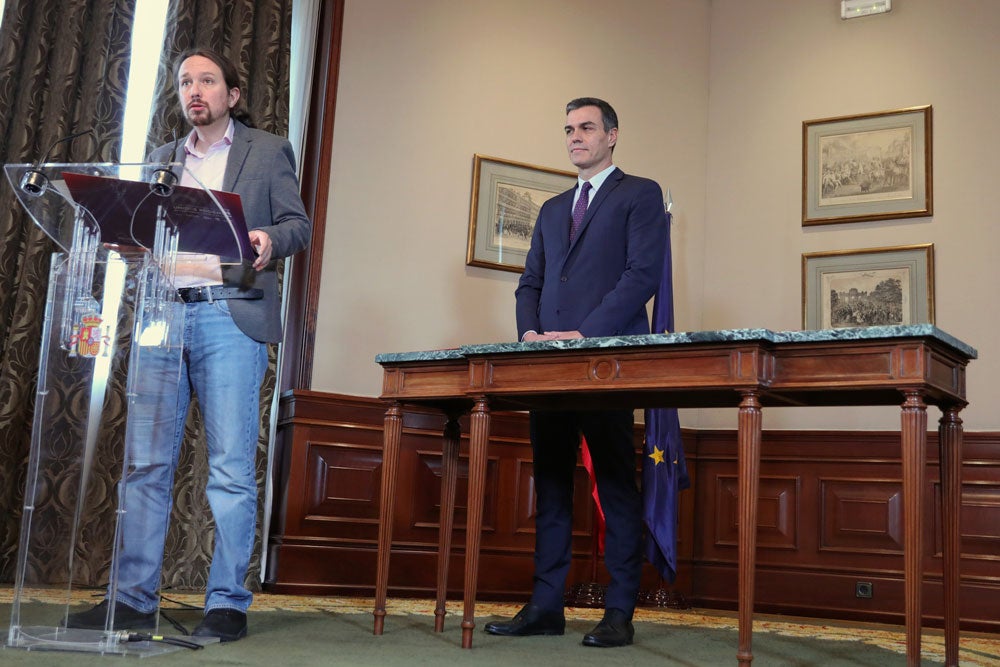 Sánchez i Iglesias van tancar dimarts passat un preacord de govern de coalició. / JESÚS HELLÍN, EUROPA PRESS