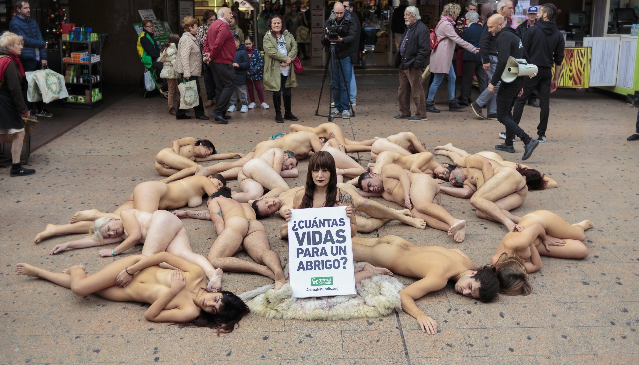Els representants d'aquest col·lectiu, completament nus, ruixats amb sang artificial i amuntegats uns damunt d'uns altres 'com queden els cossos dels animals sense vida una vegada els han arrancat la seua pell'. / EUROPA PRESS