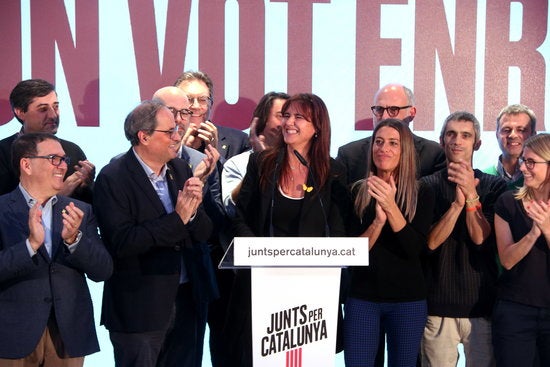 La portaveu de JxCAT, Laura Borràs, i la número dos de la formació a Madrid, Míriam Nogueras, es reuniran aquest dimecres a les 11 del matí amb la portaveu del PSOE, Adriana Lastra, en el marc dels contactes que aquesta manté per a aconseguir la investidura de Pedro Sánchez. Imatge d'arxiu. / AINA MARTÍ, ACN