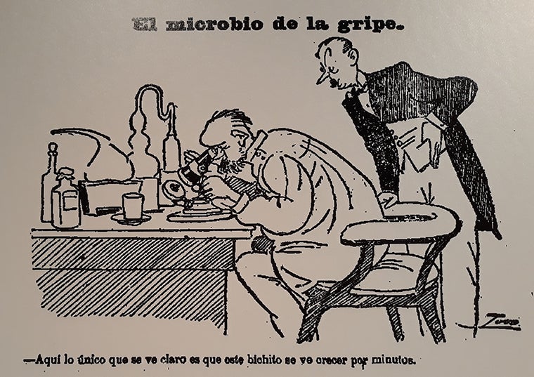 La premsa reflectia les dificultats dels microbiòlegs . Heraldo de Madrid 26 d'octubre de 1918. Imatge presa de l'exposició sobre la grip de 1918 realitzada a València (Palau de Cerveró) del 11/12/2019 al 13/03/2020