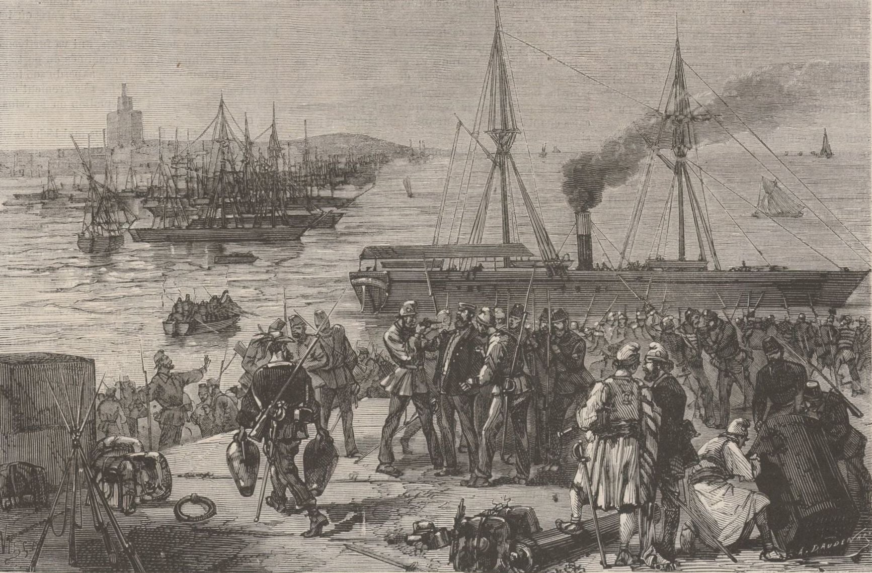 El vapor 'Matilde' està a punt de salpar del port de Vilanova del Grau a l’agost de 1873 (Amédée Daudenarde, 'Le Monde Illustré', 23 d’agost de 1873)