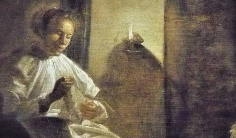 Judith Leyster, 'Dona cosint a la llum d'una candela' (detall), 1633