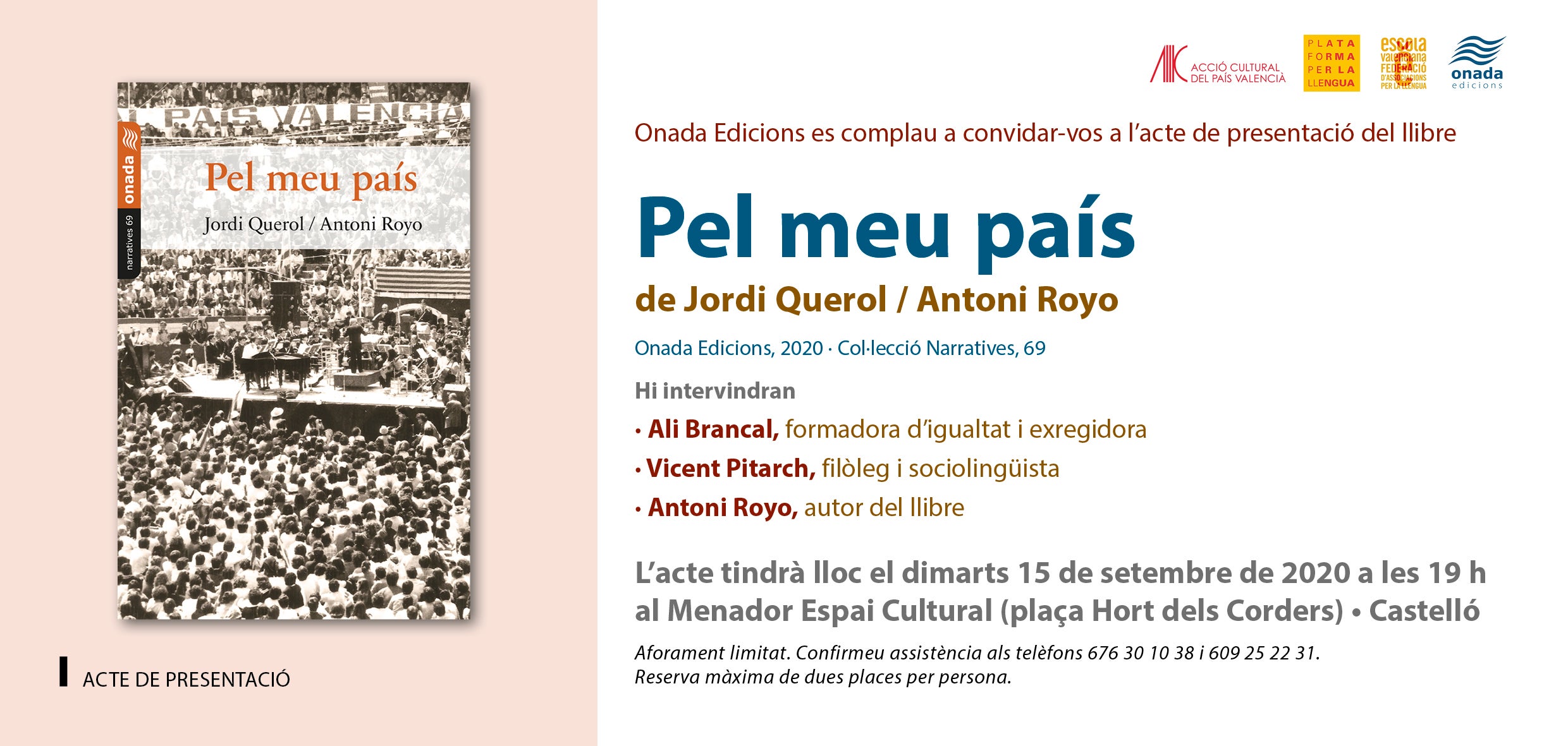 El Menador Espai Cultural de Castelló de la Plana acull demà la presentació del llibre 'Pel meu país', memòries d'Antoni Royo Pérez