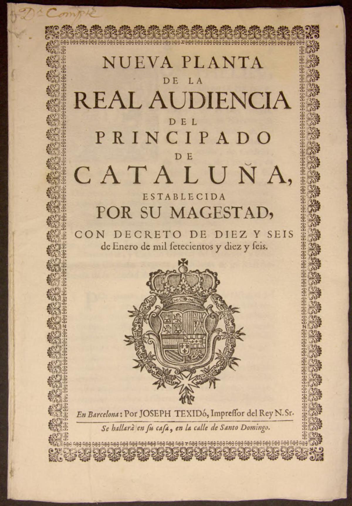 Reial Decret de Nova Planta de la Reial Audiència del Principat de Catalunya, 1716