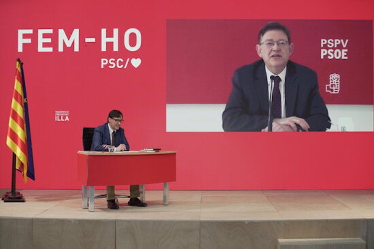 Salvador Illa, candidat del PSC al 14F, amb el president de la Generalitat Valenciana, Ximo Puig , en videoconferència | ACN